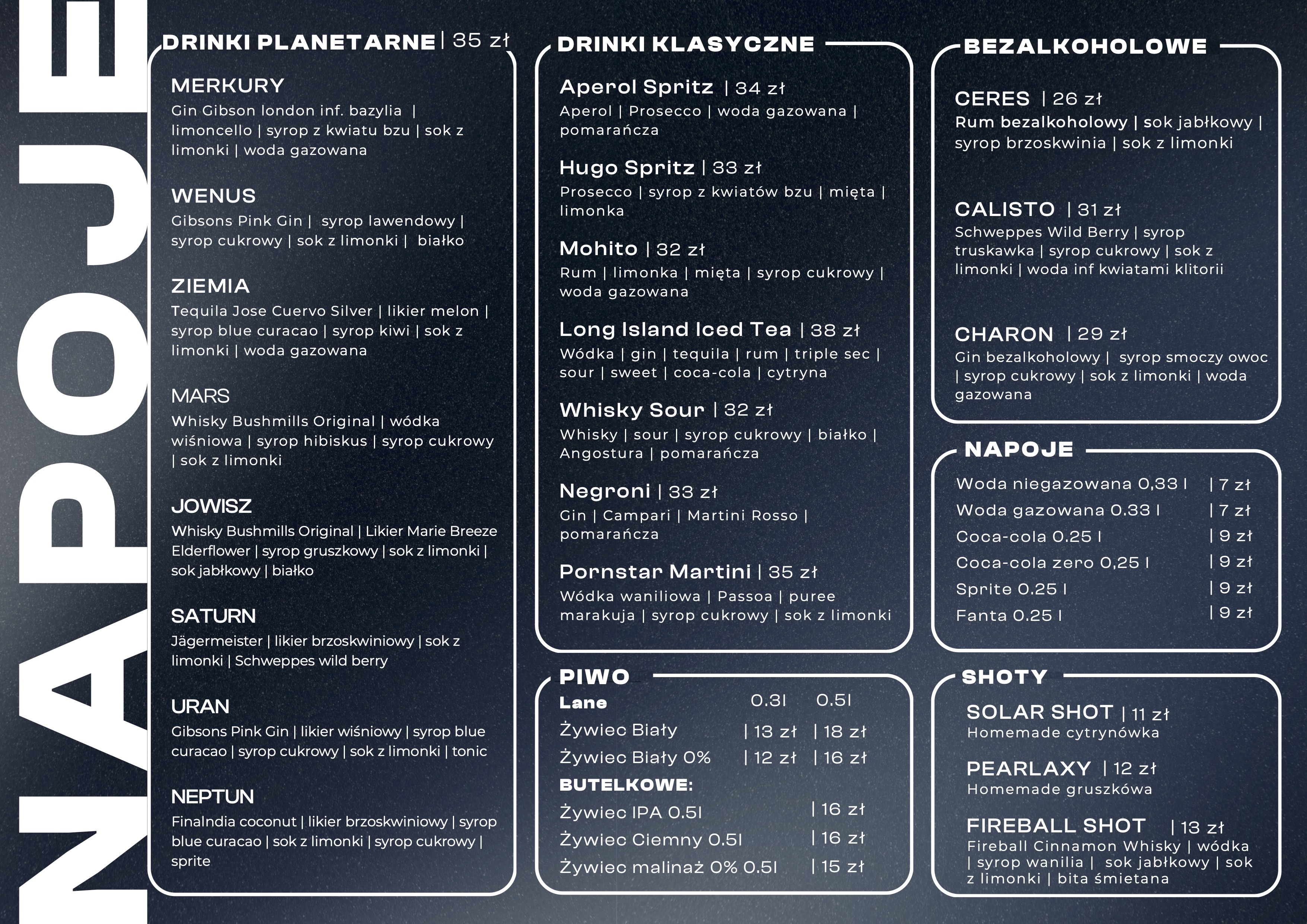 Menu napojów Space Bar Wrocław - lista kosmicznych drinków klasycznych, bezalkoholowych, piw i shotów na Świętego Mikołaja 12.